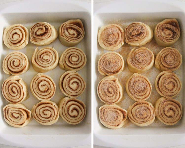 sweet rolls with cinnamon before and after rising