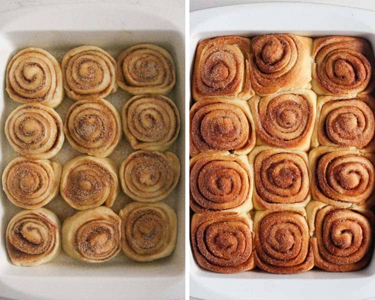 sweet rolls with cinnamon before and after baking