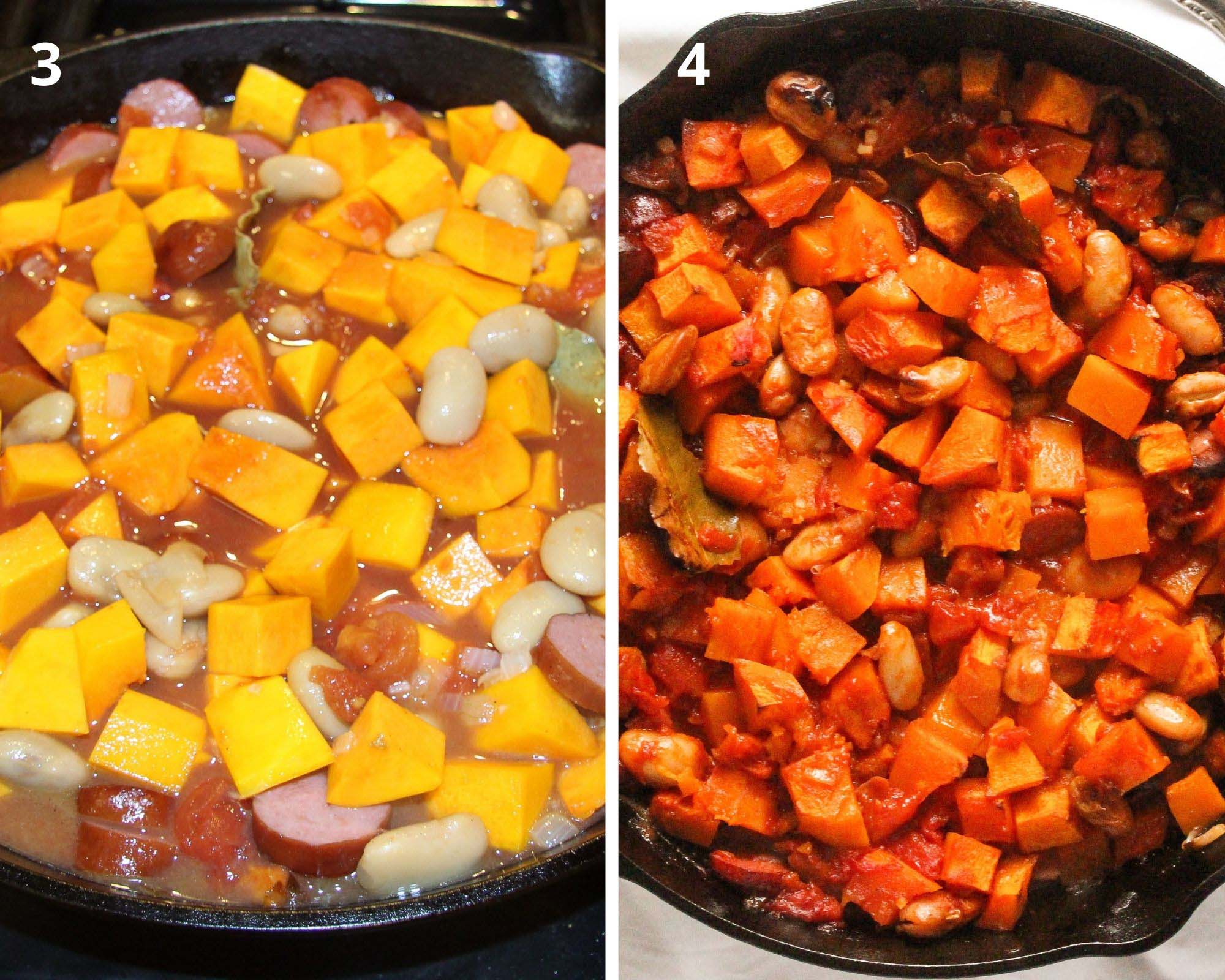 collage of two pictures of cooking pumpkin cubes and sausage slices in a skillet.