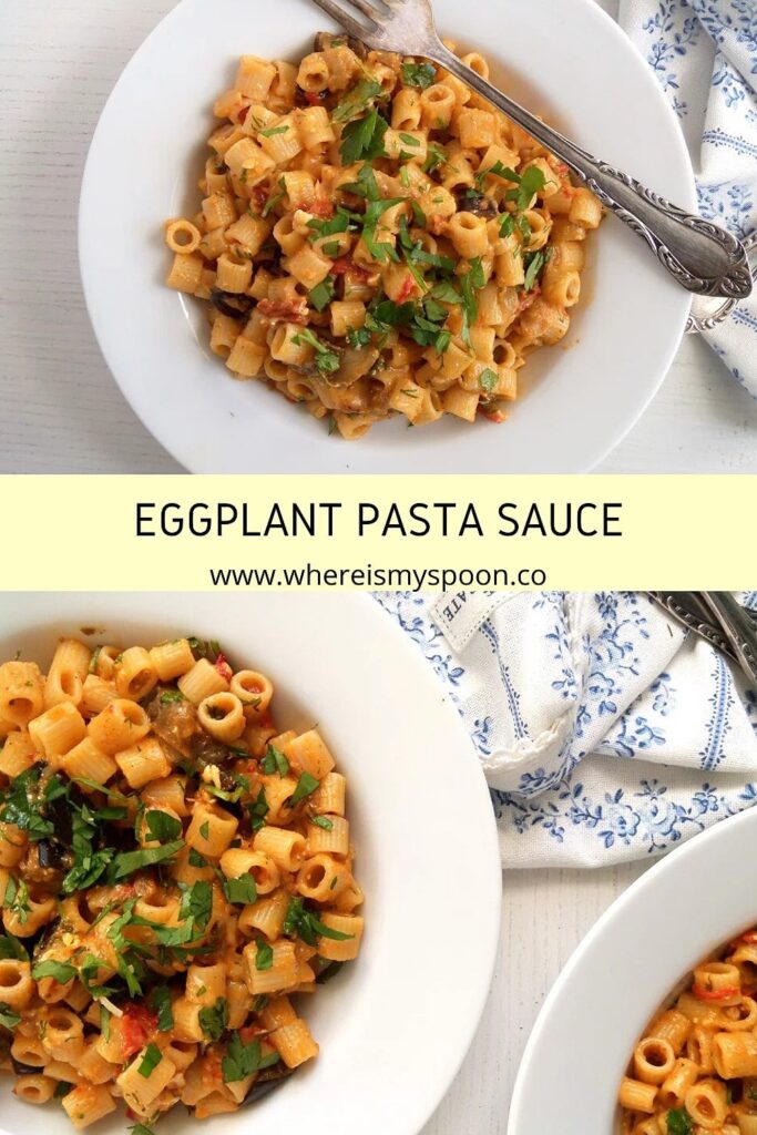 eggplant pasta sauce with tomatoes and parsley on white plates