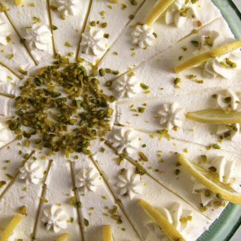 german torte with buttermilk lemon filling overhead view