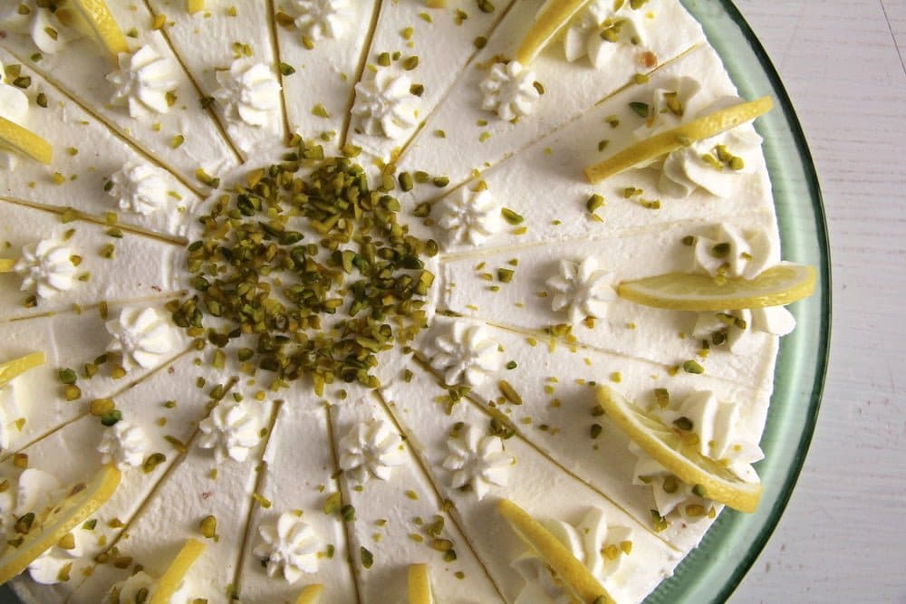 german torte with buttermilk lemon filling overhead view