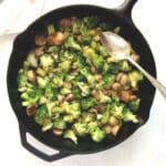 broccoli blue cheese with mushrooms in a skillet.