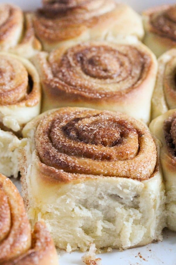 fluffy sweet rolls with cinnamon in a baking dish