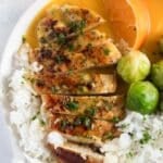 pinterest image with the title chicken with orange sauce.