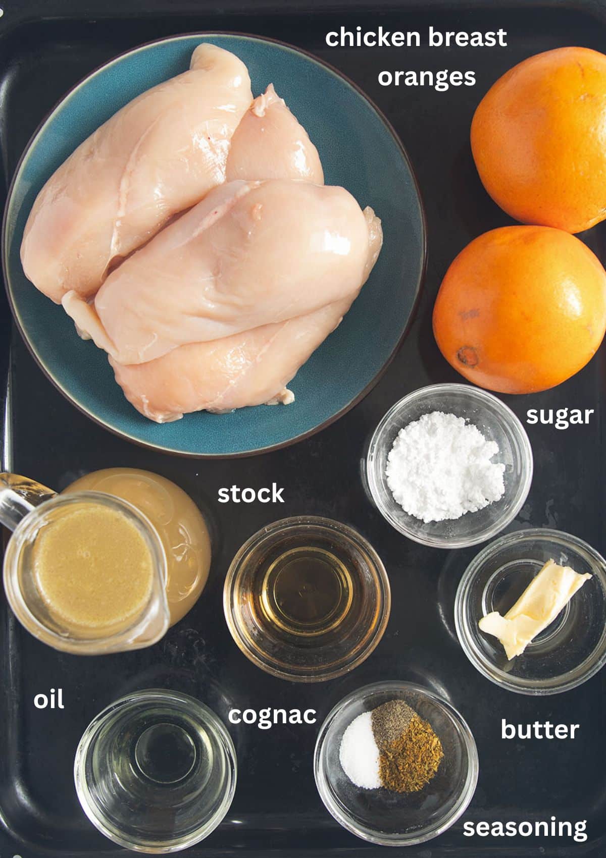 labeled ingredients for making chicken with orange sauce.