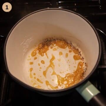 caramelizing confectioners' sugar for making orange sauce for chicken in a small pot.