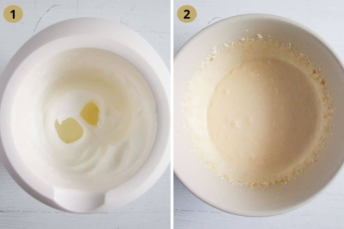 collage of two pictures of stiff egg whites and egg yolk sugar mix.