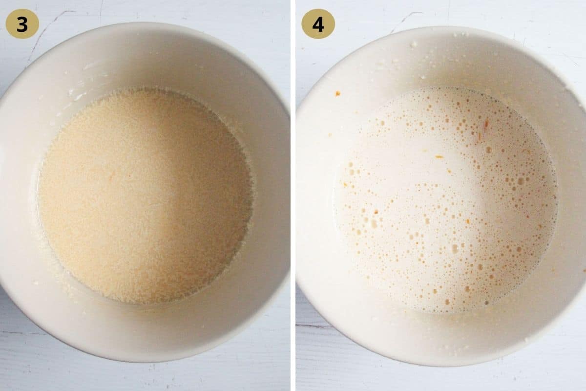 collage of two pictures of mixing batter for bundt cake in a bowl.