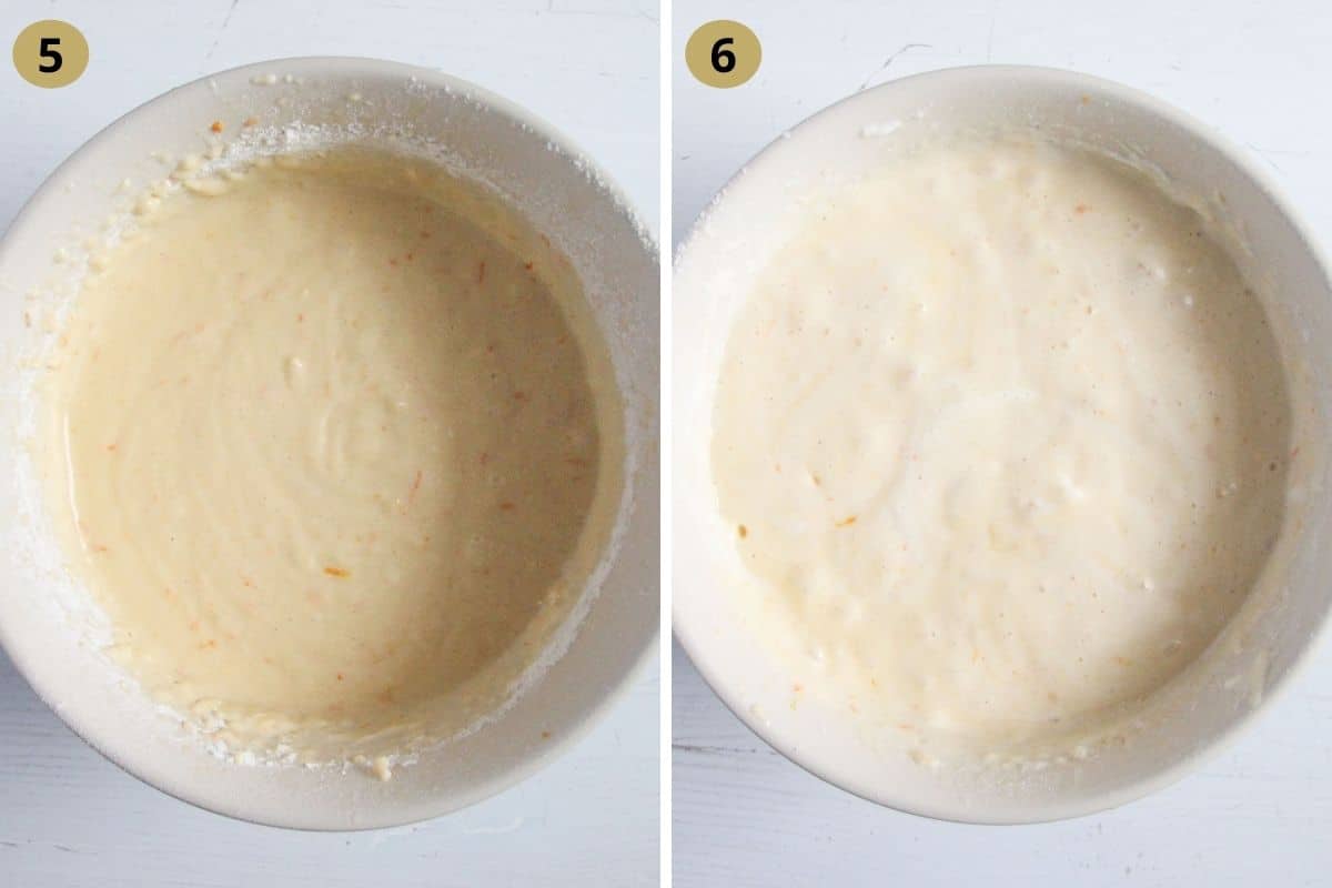 collage of two pictures of adding flour and egg whites to cake batter.