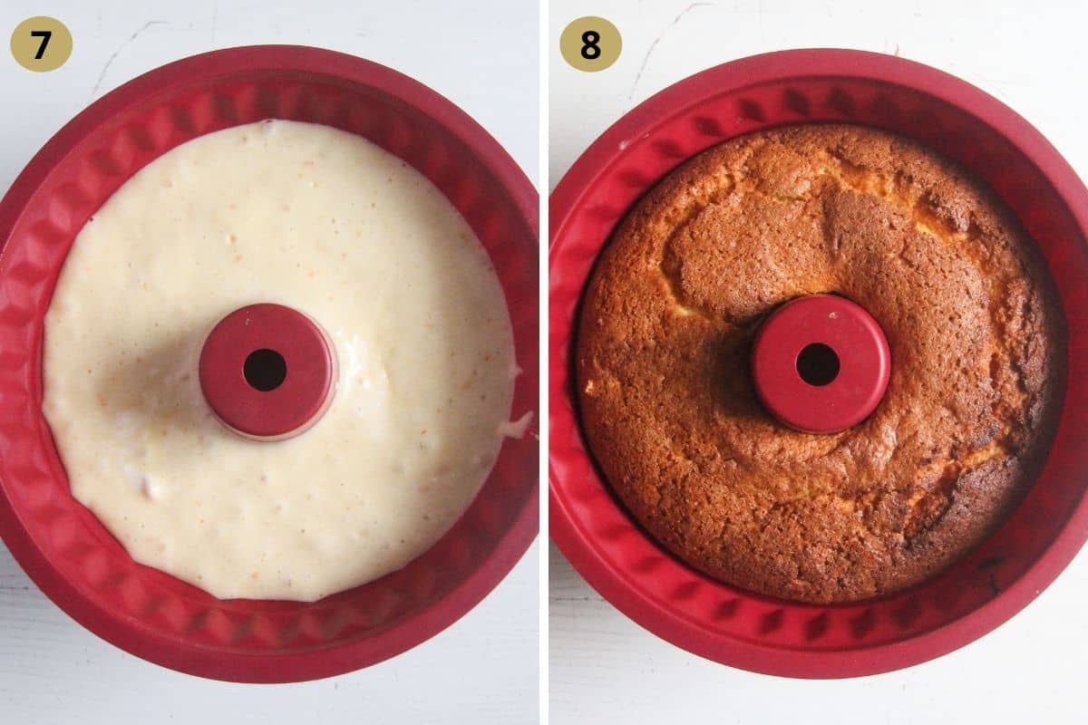 collage of two pictures of unbaked and then baked cake in a red silicon bundt pan.