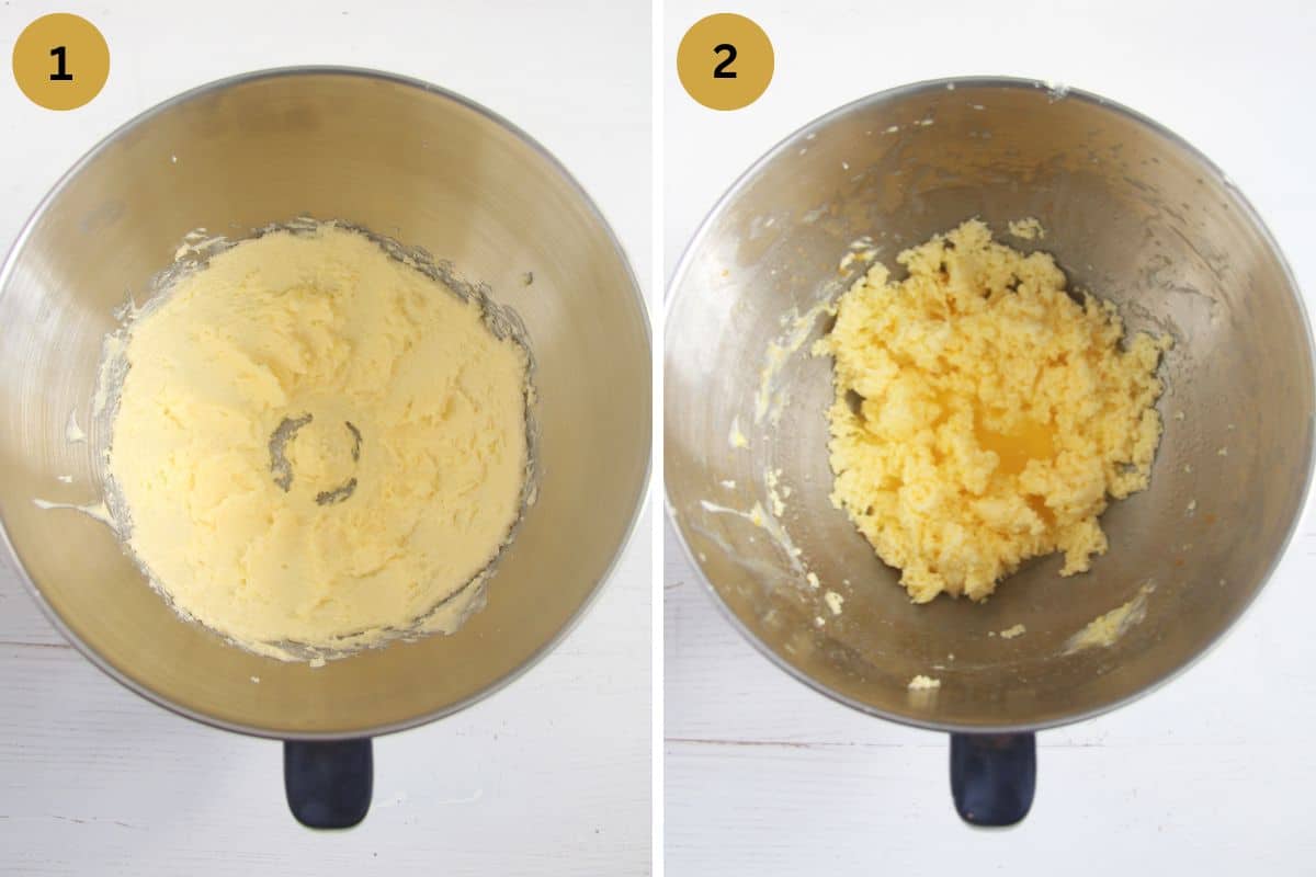 collage of two pictures of creaming butter with sugar and adding orange juice and zest.