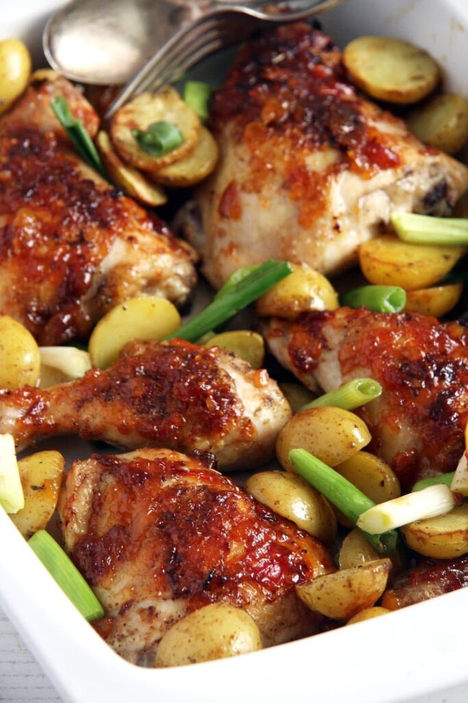 Sticky Roasted Chicken Legs with Green Onions and Mango Chutney