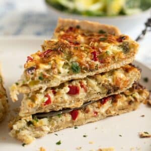 three slices of green onion quiche.