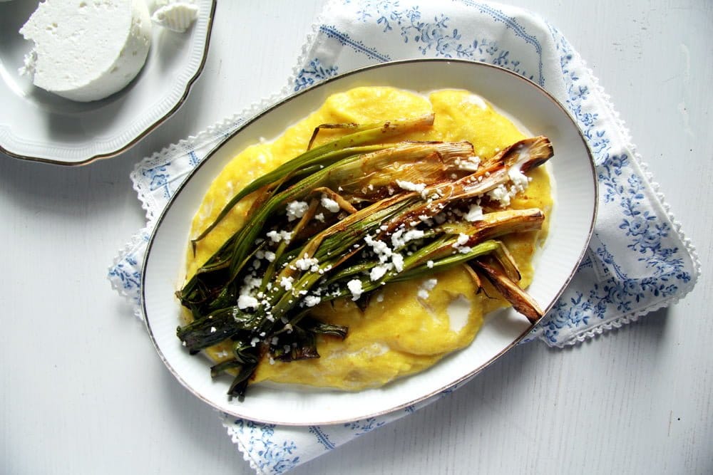 Roasted Green Onions on Creamy Polenta