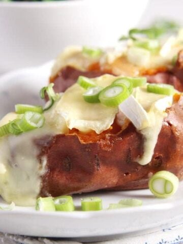 jacket sweet potatoes topped with camembert and green onions