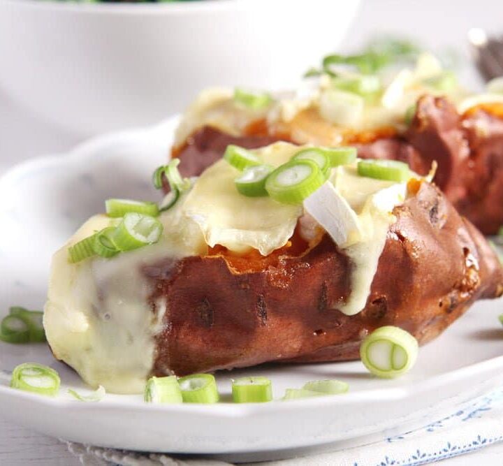 jacket sweet potatoes topped with camembert and green onions