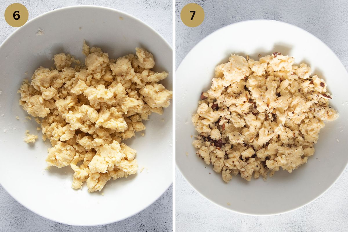 collage of two pictures of crumble in a bowl before and after adding sugar and almonds.