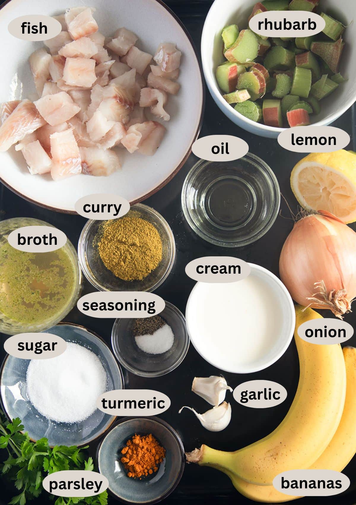 labeled ingredients for making curry with fish and rhubarb.