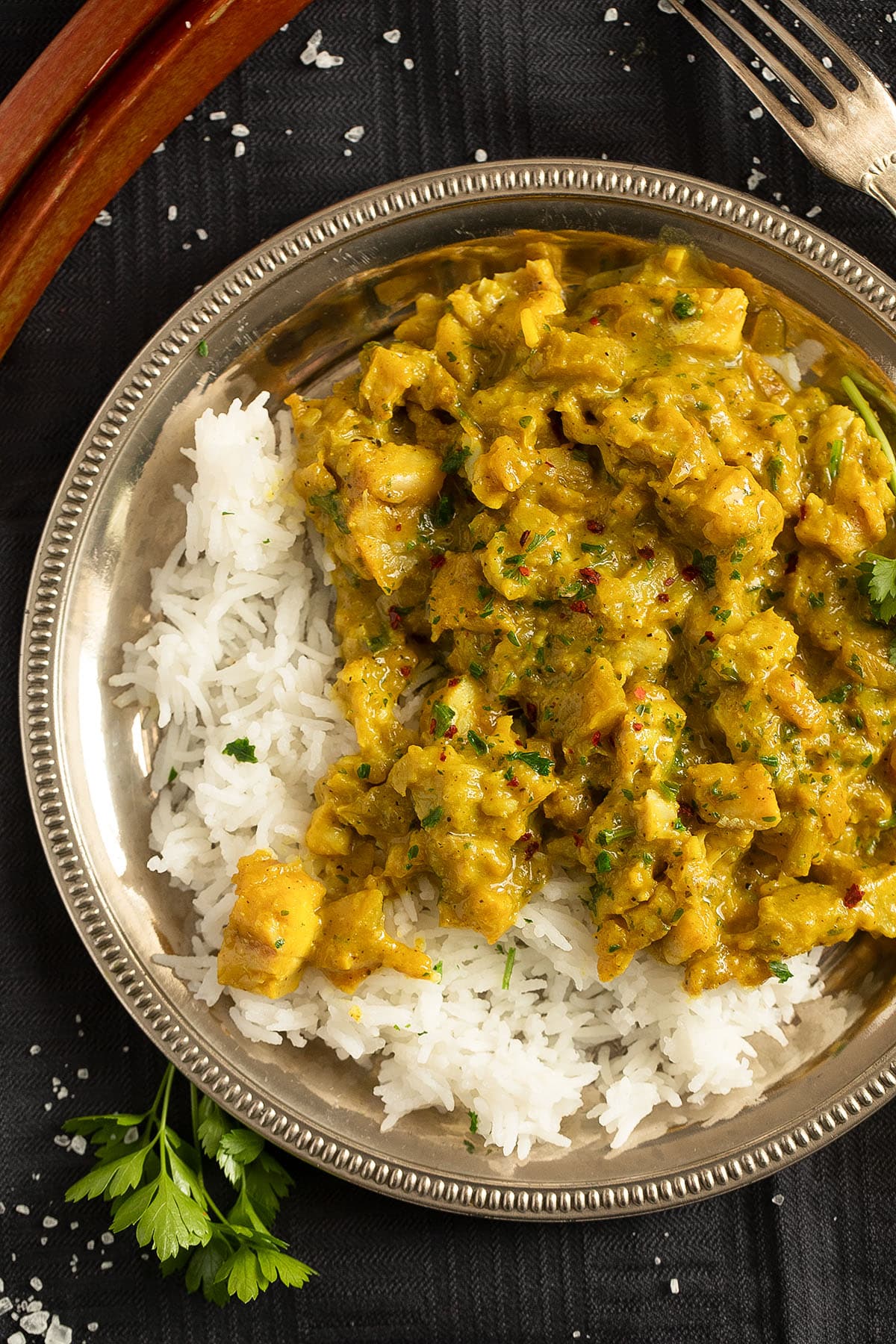 rhubarb fish curry served over rice.