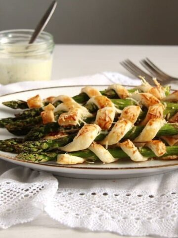 asparagus puff pastry twists on a serving platter