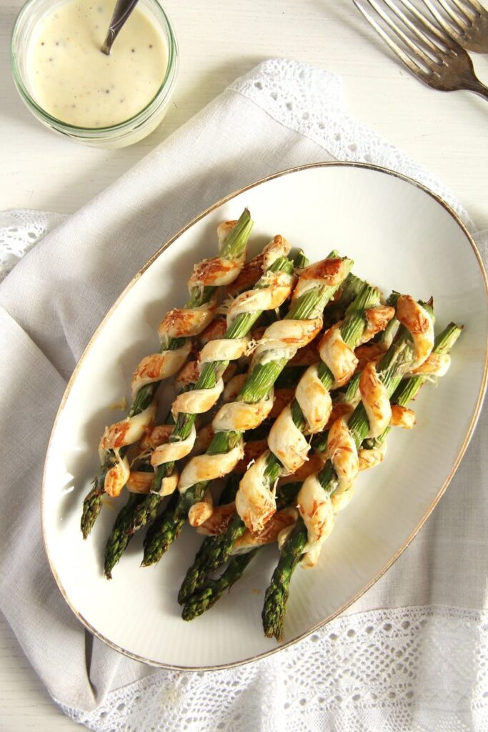 crispy asparagus spirals wrapped in puff pastry