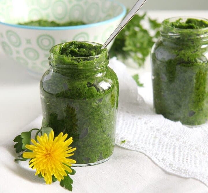 herb paste with garlic, parsley and chives in two small jars