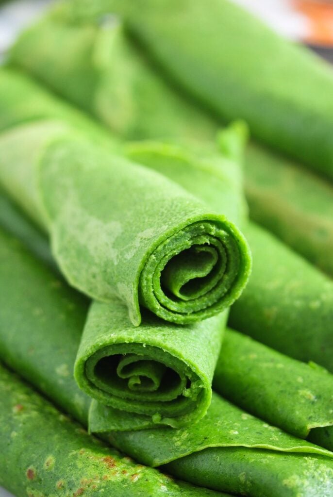 rolled wild garlic crepes ready to be served
