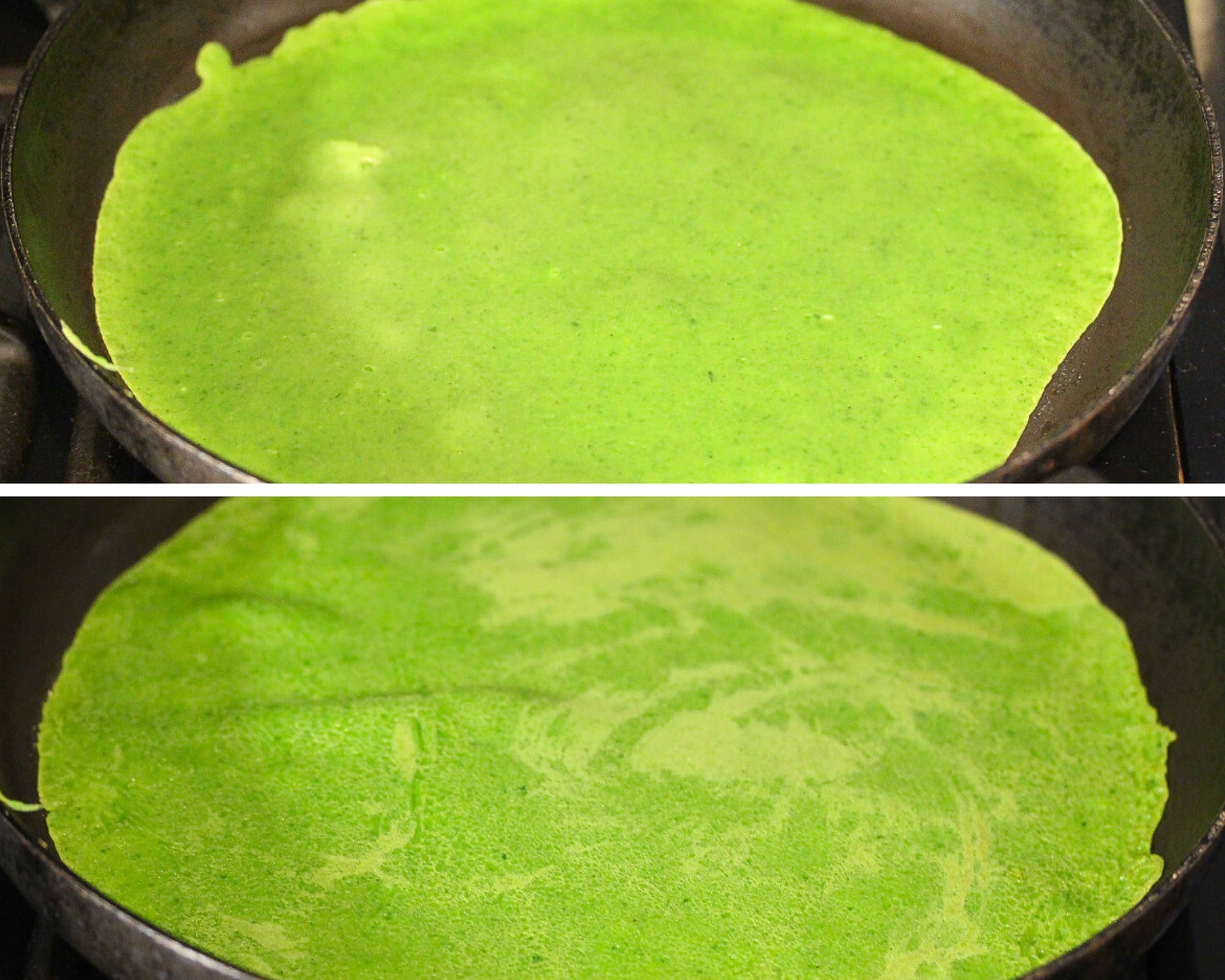 frying green crepes in a non stick pan