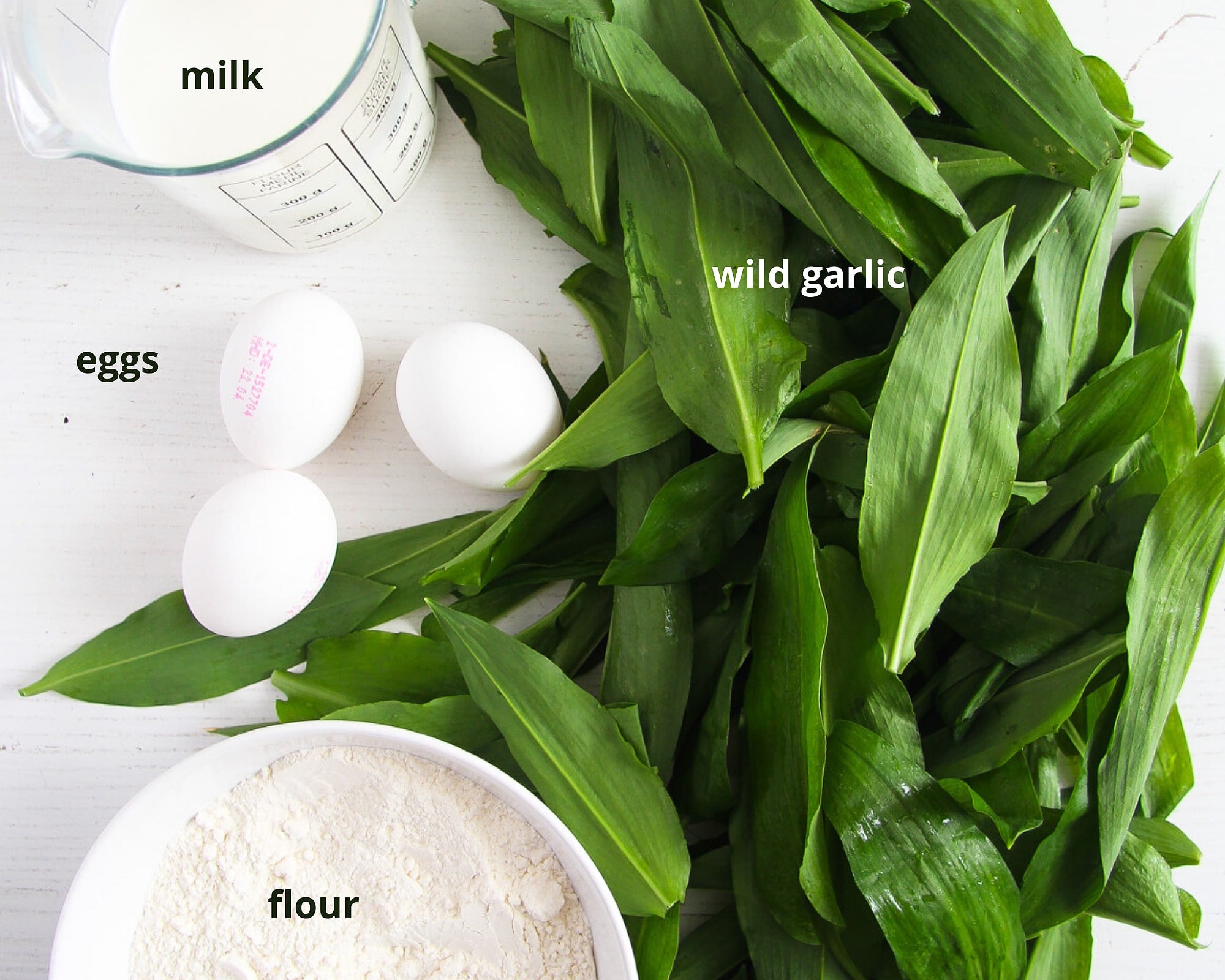wild garlic, eggs, milk and flour for crepes