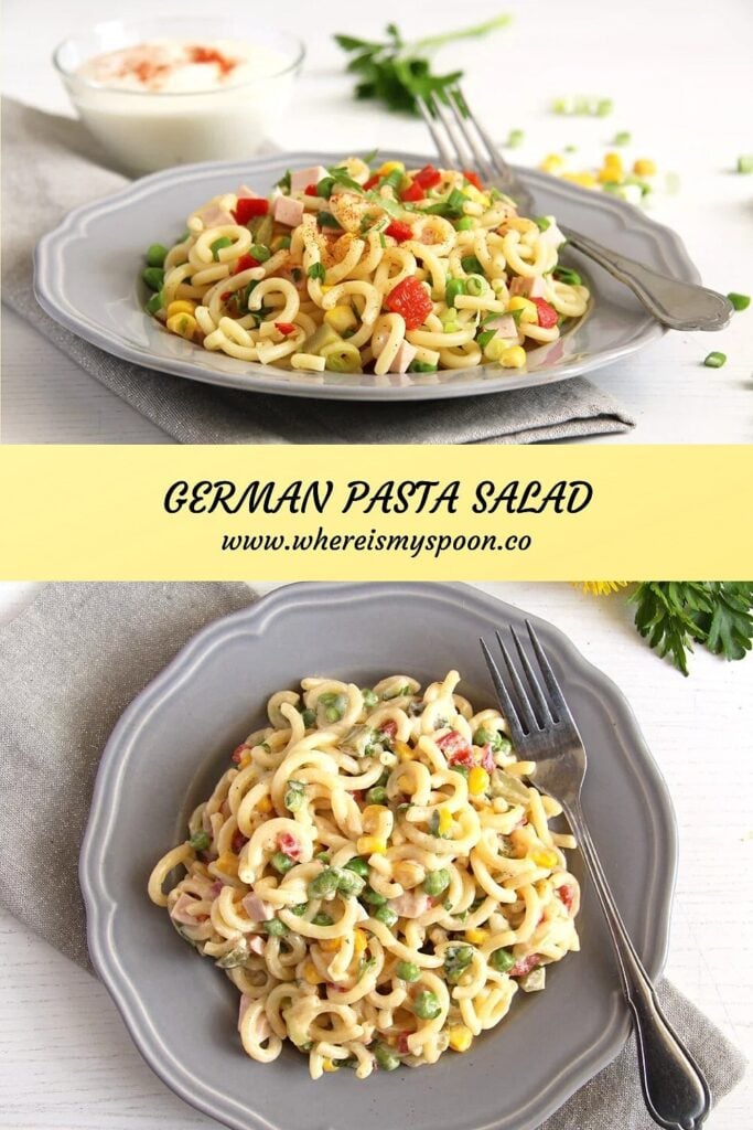 german pasta salad with gherkins on a plate