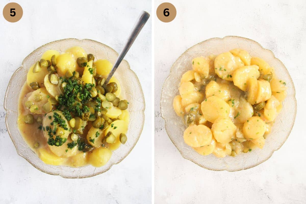 collage of two pictures of mixing the ingredients for potato salad.