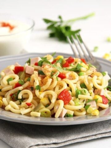 german pasta salad with gherkins on a plate