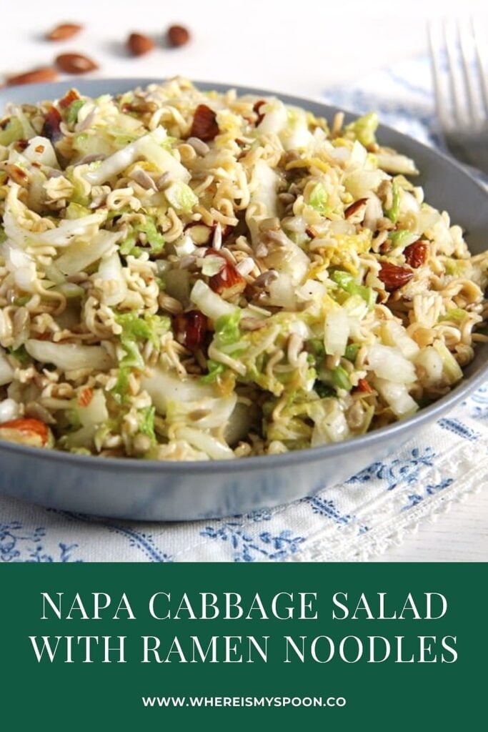 napa cabbage salad with ramen noodles in a bowl