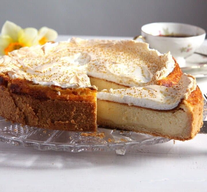 sliced german cheesecake with meringue topping