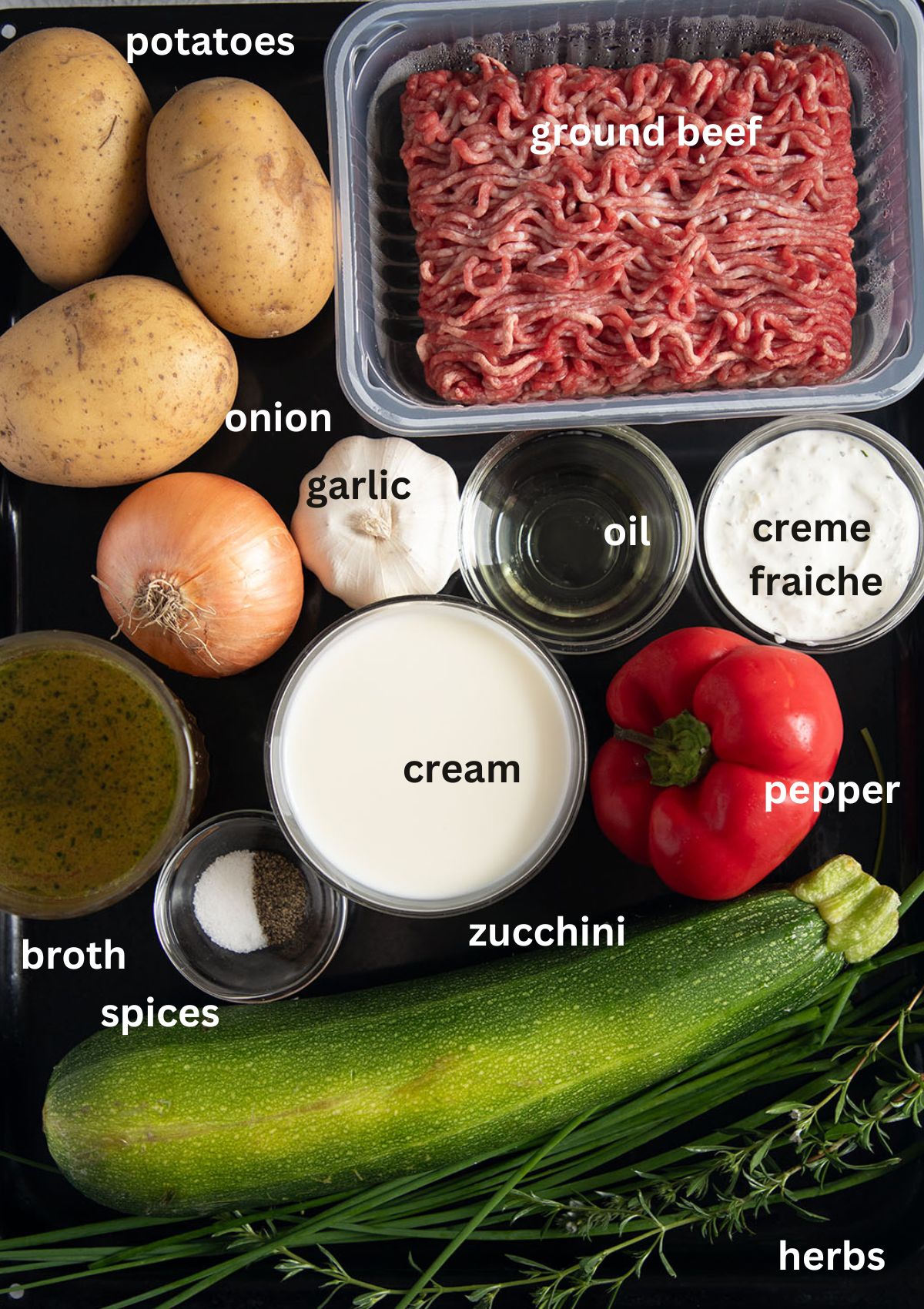 labeled ingredients for making potatoes, beef, zucchini with peppers and onions in the skillet.