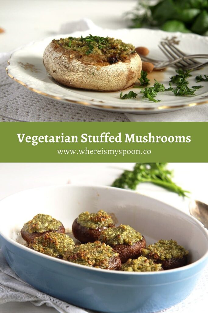 filled mushrooms on a plate and in a casserole dish