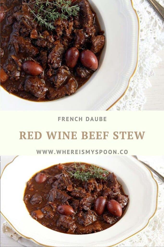 beef stew with red wine and olive on a white plate