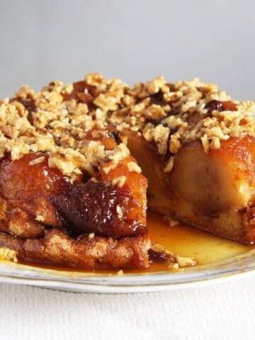 baked apple cake with caramel on a platter