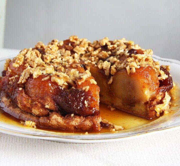 baked apple cake with caramel on a platter
