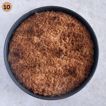 golden brown baked apple streusel cheesecake in a springform.