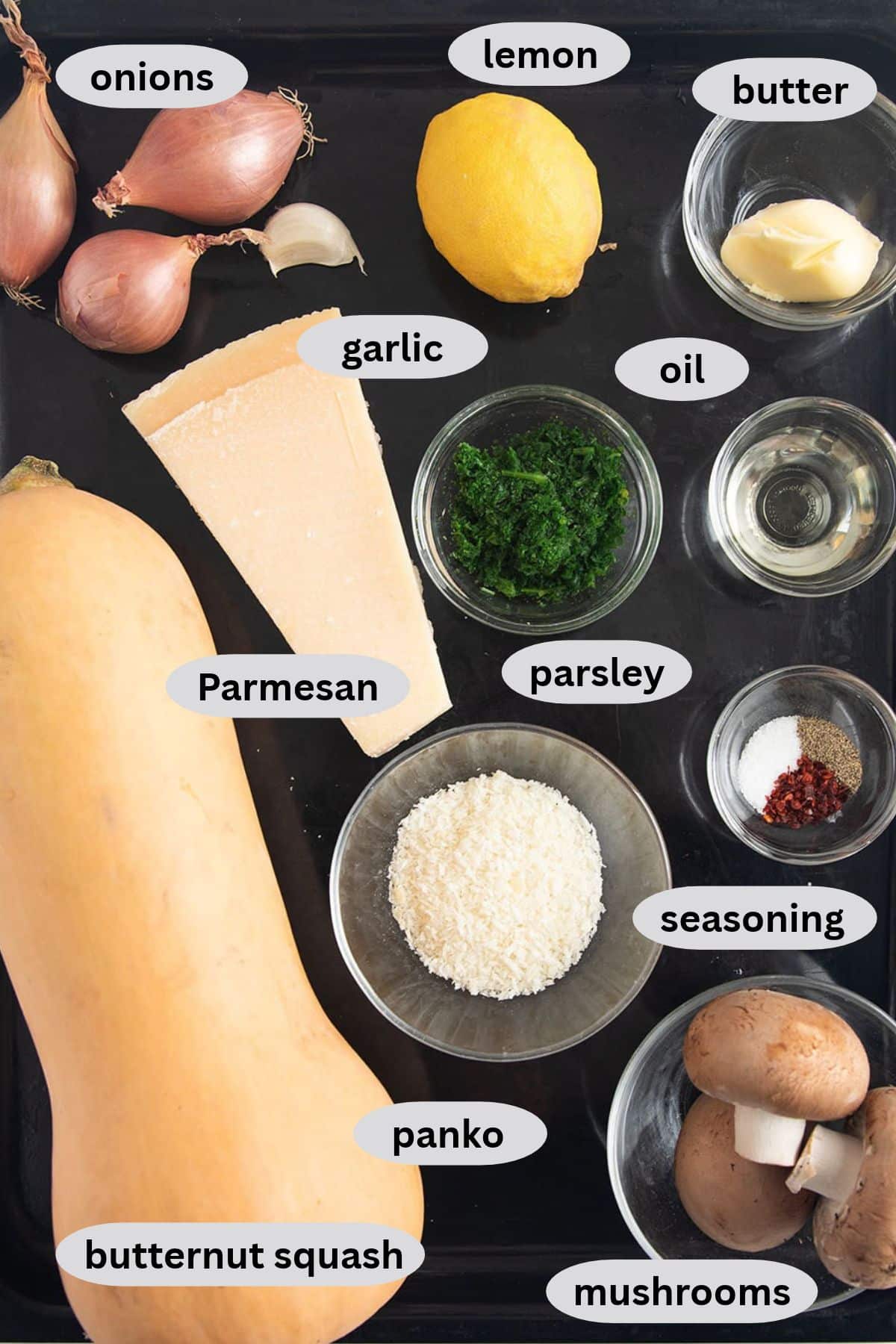 labeled ingredients for making roasted butternut squash slices with mushroom, parmesan and breadcrumb topping.