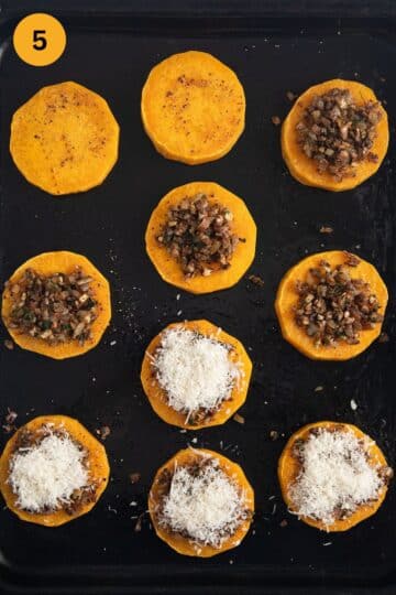 topping half-baked butternut rounds with cooked mushrooms and a panko parmesan mixture.