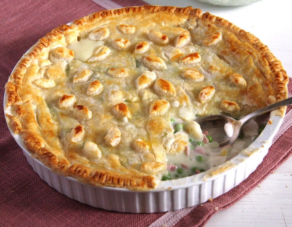 chicken and ham pie in a pie dish