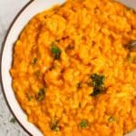 pinterest image of risotto with blue cheese and pumpkin.