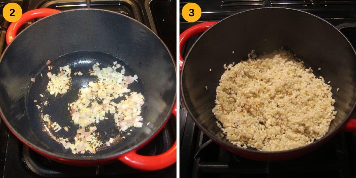 collage of two pictures of sauteing onions and then rice in a pot.
