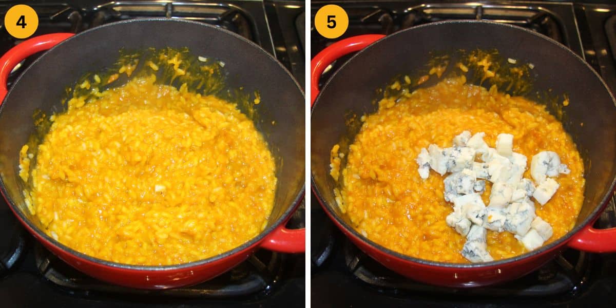 collage of two pictures of adding pumpkin puree and the blue cheese to rice.