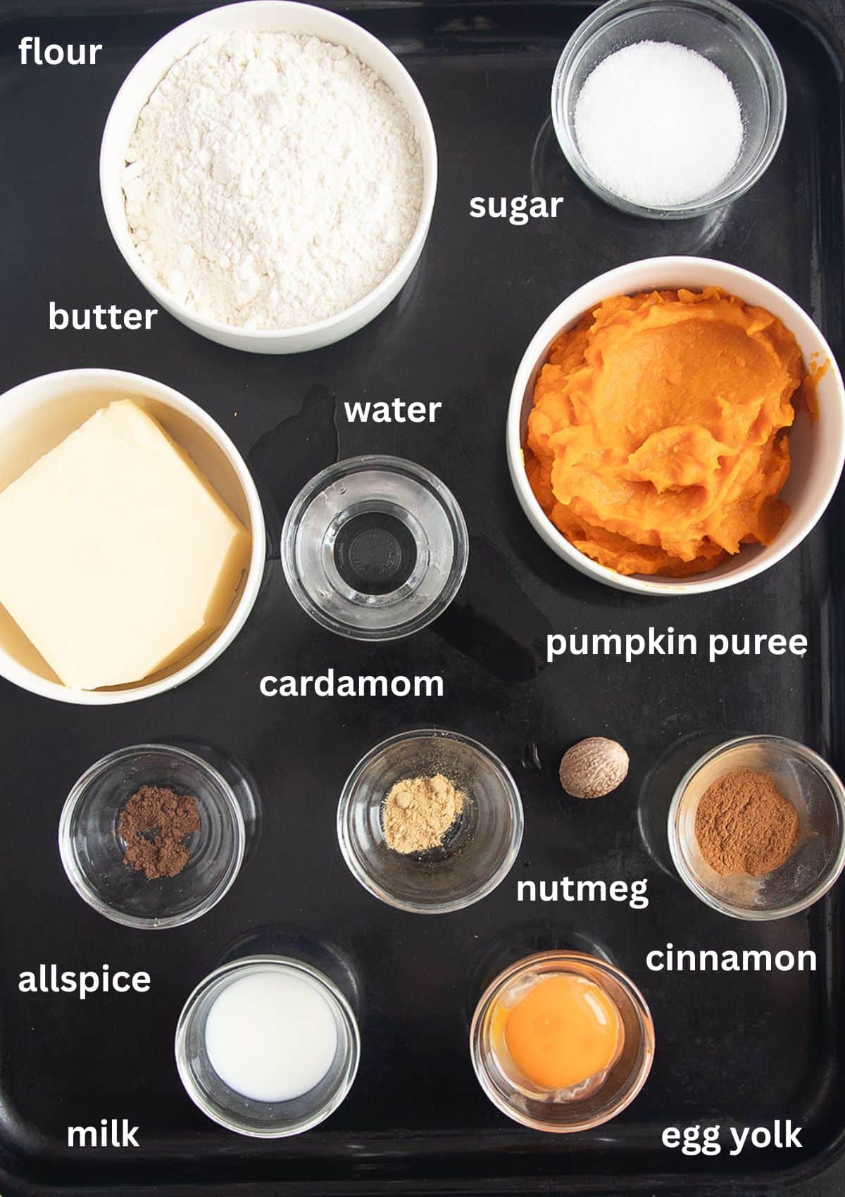 labeled ingredients for making hogwarts express pumpkin pasties.