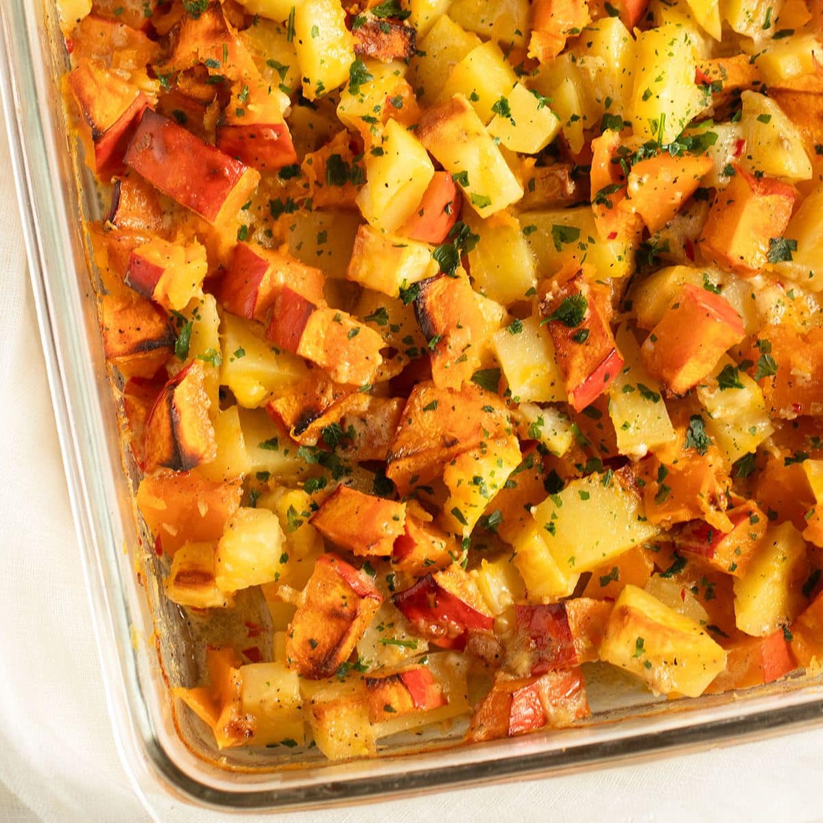 pumpkin and potato bake or casserole made with coconut milk and spices.