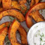 spicy oven roasted pumpkin wedges with dip.